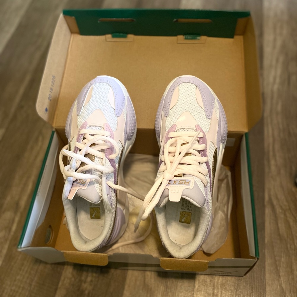 Puma sneakers worn once, white, lavender, pink.